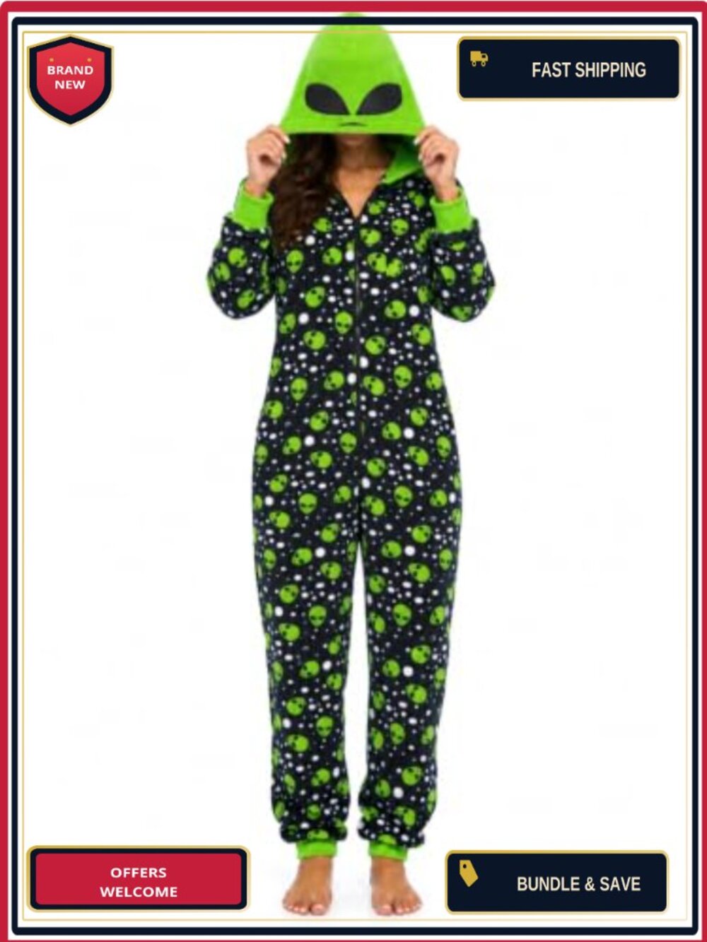Adult Onesie Alien Costume Hooded Microfleece Halloween Pajamas